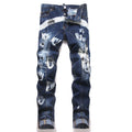 Men Letters Printed Denim Jeans Holes Ripped Patchwork | SAMAG