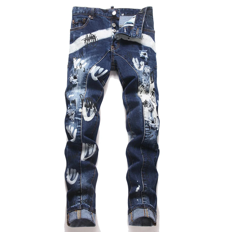 Men Letters Printed Denim Jeans Holes Ripped Patchwork | SAMAG