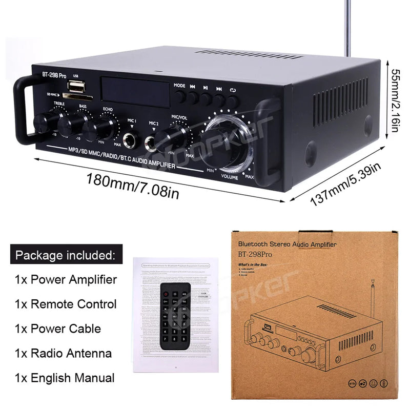 Woopker Amplifier Bt 298 Pro Home Theater Amplifier Karaoke Dual Channel Stereo Bluetooth 5.0 Maximum 800W RMS 45w+45w