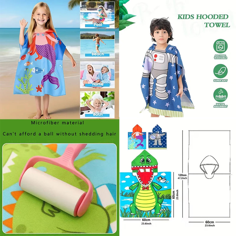 1 Cartoon Hooded Bathrobe Suitable for Boys and Girls, Can Be Unfolded into a Flat Blanket, Polyester Fiber Bath Towel, Children's Small Cape, Water-Absorbent Quick-Dry Beach Towel, Cute Cartoon Swimming Bathrobe for Babies,