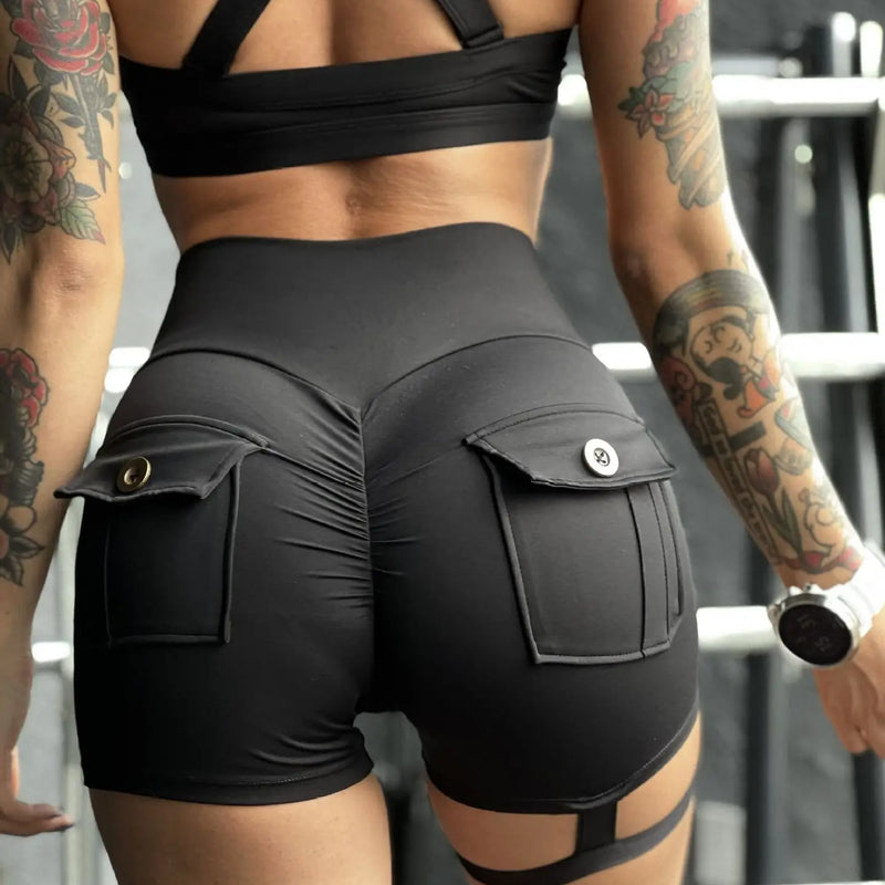 Cargo pocket fitness shorts women's tight leg loop sweatpants peach butt yoga pants