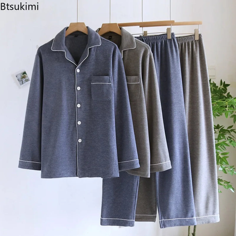New 2026 Autumn and Winter Men's Pajamas Two Piece Set Nightwear Simple Solid Color Thick Pajamas Suit Pijama Loungewear for Men