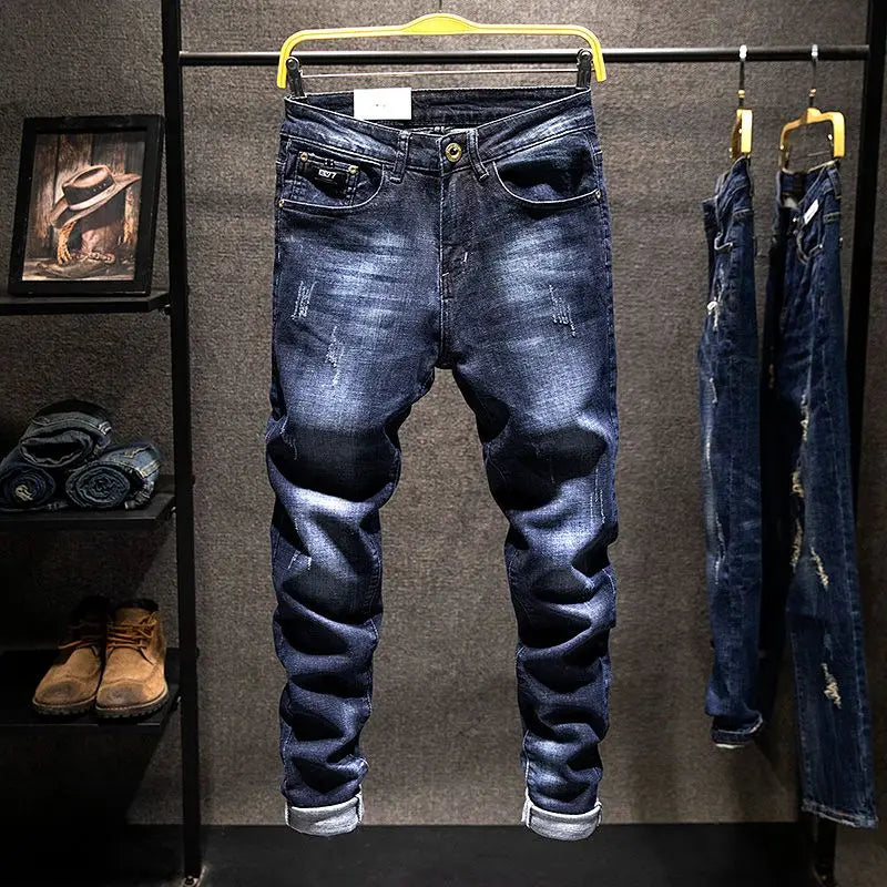 American Elastic Straight Jeans Men Ripped Worn-out | SAMAG