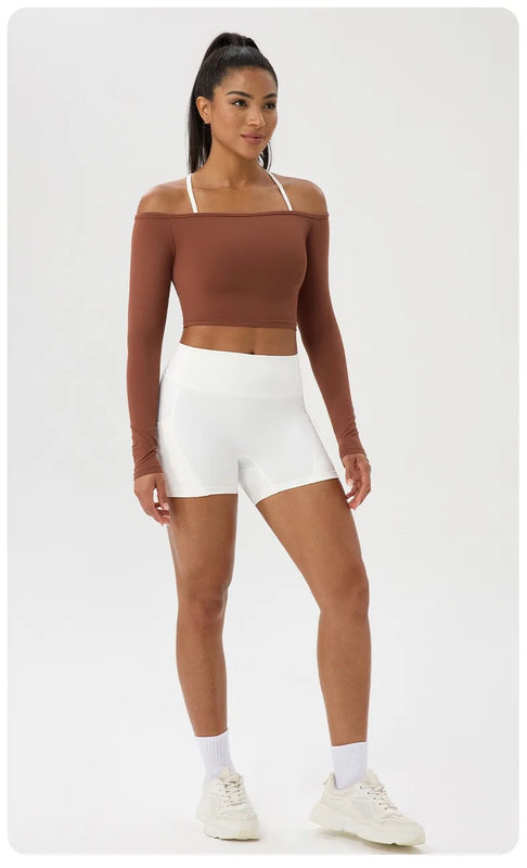 Long Sleeve Yoga T-Shirt for Women, Off Shoulder, Sexy Tight Gym Workout Top, Naked Feeling, Quick Dry Sports Activewear