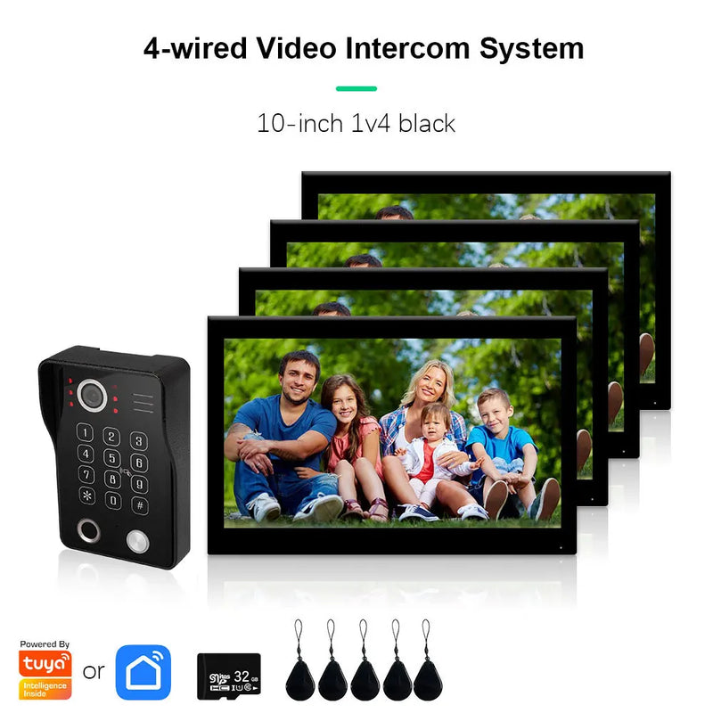 Anjielo Fingerprint 5in1 Unlock Doorbell Video Intercom for Home 10inch Touch Screen 1080P Tuya Smart Video Doorphone 4 Monitor