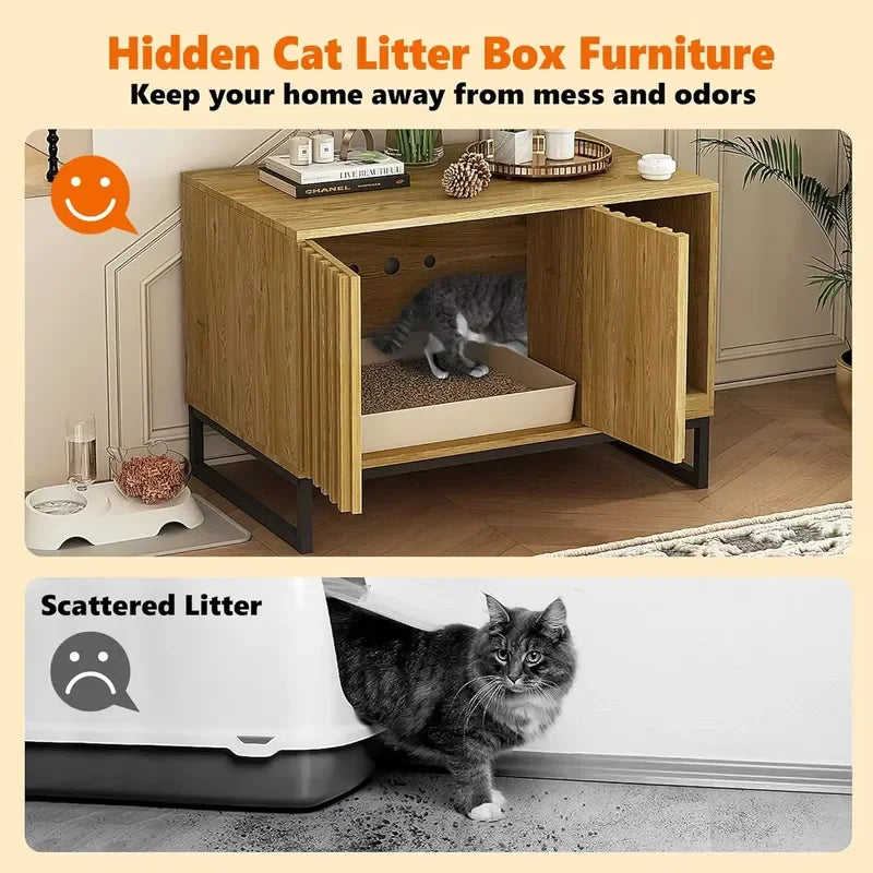 Modern Cat Box Enclosure Furniture Hidden Box with Scratch Pad Entryway Bench End Table Pet Bed for Cats