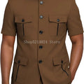 Mens Safari Suit 2 Piece Short Sleeve Suits for Men Regular Fit Stand Collar Suit African Clothes