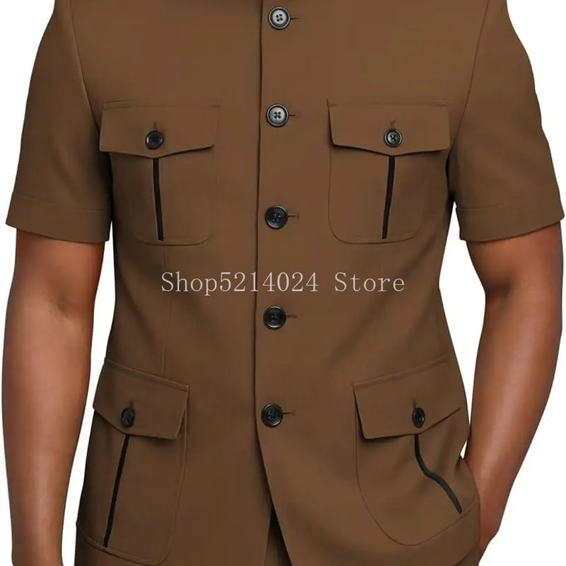 Mens Safari Suit 2 Piece Short Sleeve Suits for Men Regular Fit Stand Collar Suit African Clothes