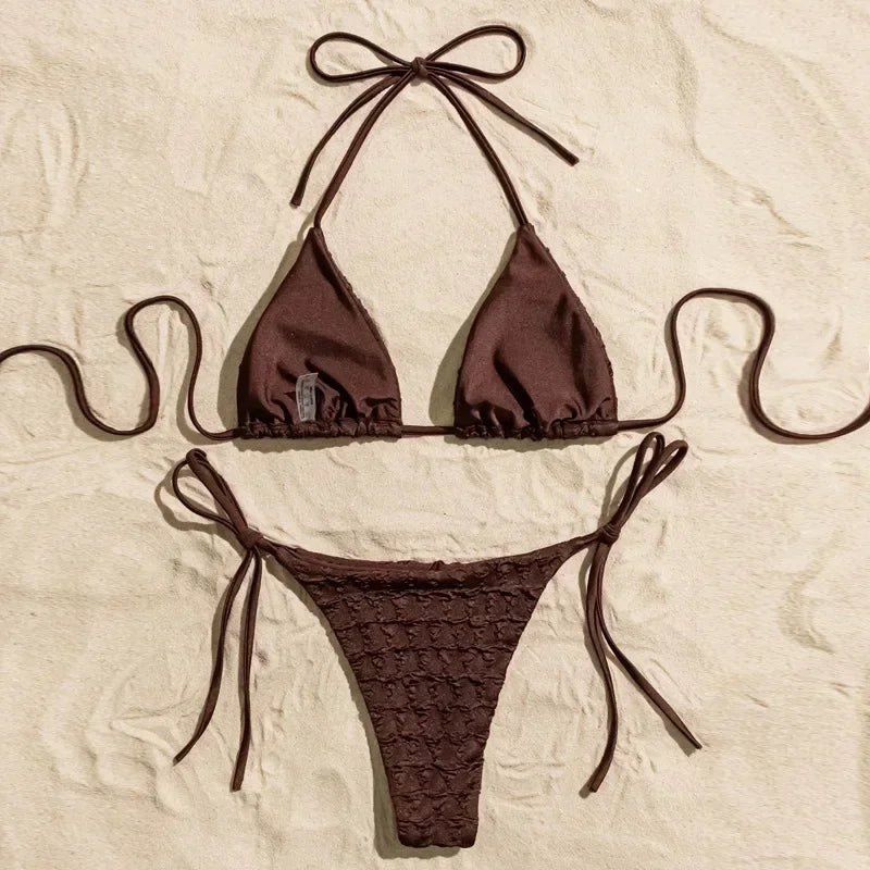 Solid Brown String Halter Triangle Micro Bikini Thong | SAMAG