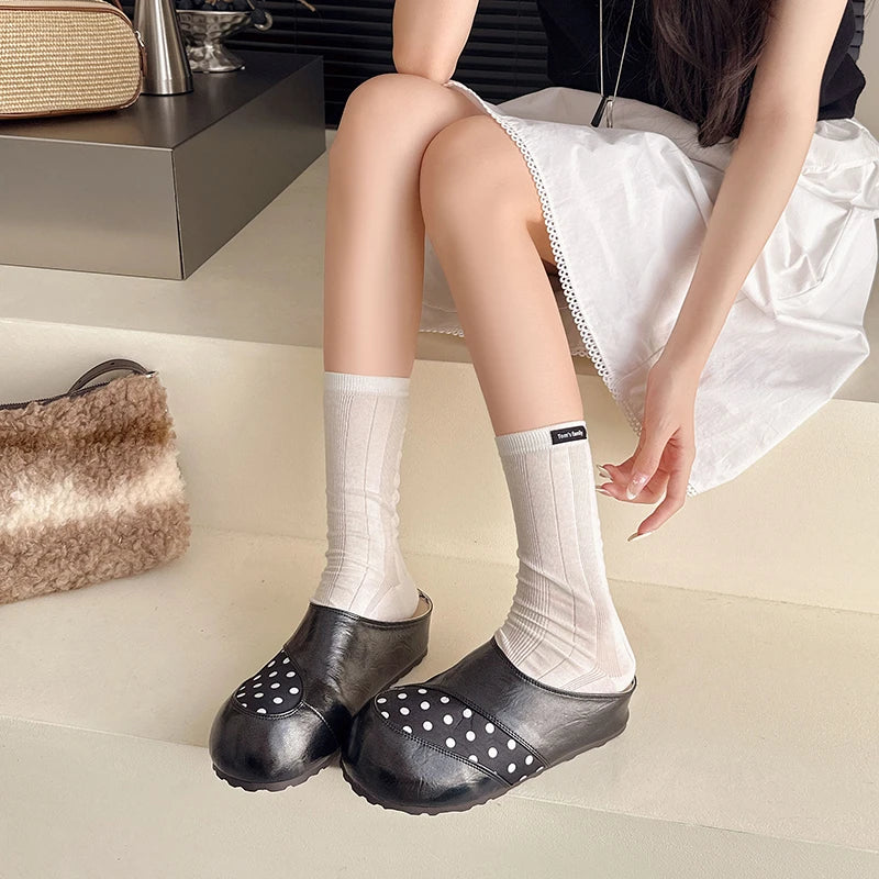 Women Retro Polka Dot Mule Clogs Ladies PU Round Toe Slip On Half Slippers Casual Outdoor Indoor Fashion Daily Wear Footwear