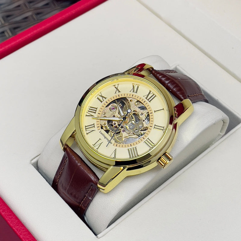 Elegant Men's Automatic Mechanical Watch with Skeleton Design - Leather Strap, Roman Numeral Dial, Automatic Movement, Perfect for Business and Casual Wear, Ideal Gift for Young Men, Business Casual Men's Watch | Skeleton Wat