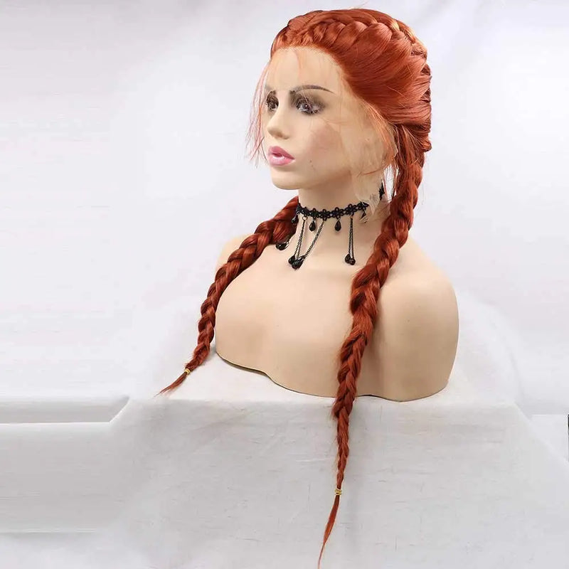 Synthetic Copper Red Braid Lace Front Wigs 360#Color Double Braided Wig Heat Resistant Fiber Long Braid Wig With Baby Hair