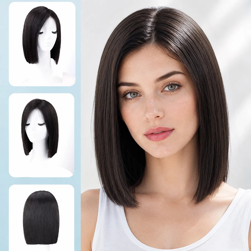 5x5 PU Silk Base Lace Front Wigs with Left Side Bangs Short Bob 100% Glue-Free Human Hair Wigs Silk Base Wigs For Women Color 2#
