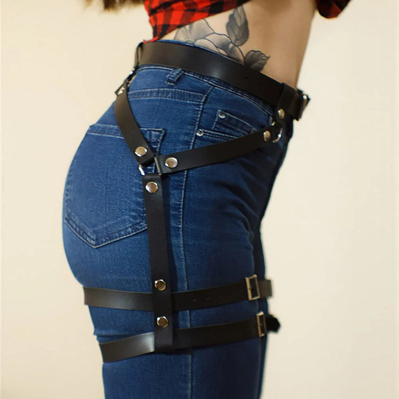 Studded Decor Harness Belt Leg Harness Suspenders Pu Leather Thigh Garter Harness for Women Harness Clothing Accessories
