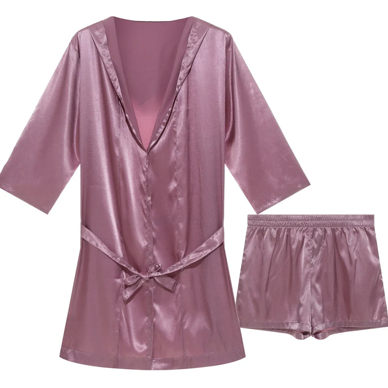 Mens Hooded Bathrobe Shorts Set Pajamas Night Robe Dress Gown Male Silk Satin Nightgown Kimono Bathrobe Sleepwear House Robe Men
