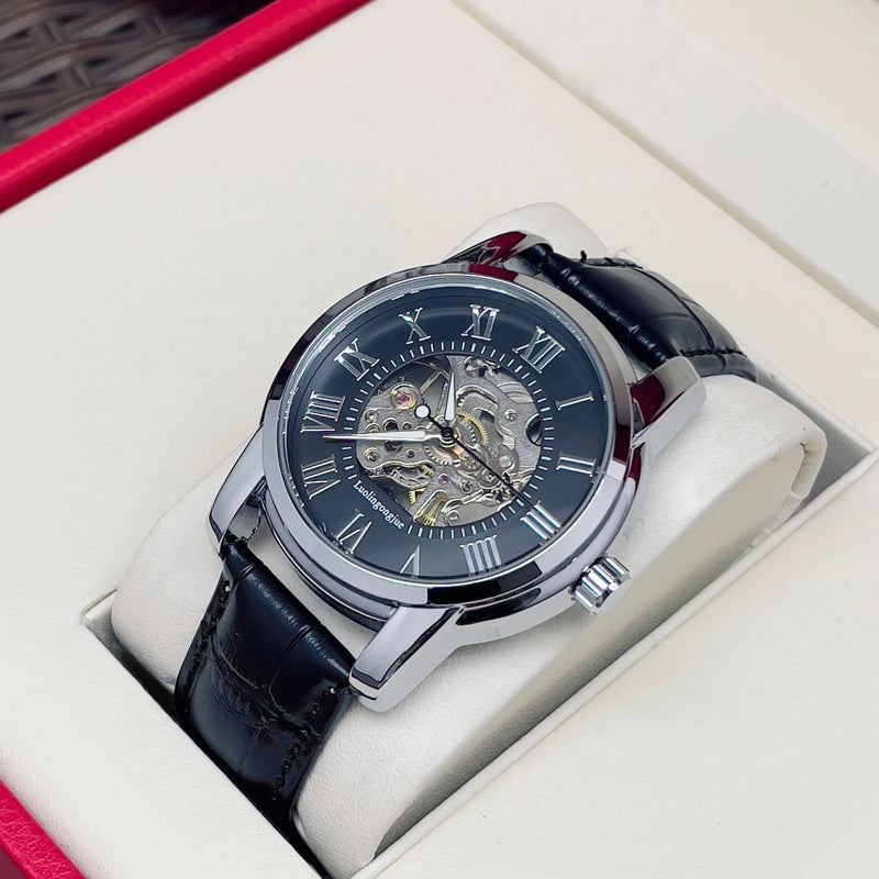 Elegant Men's Automatic Mechanical Watch with Skeleton Design - Leather Strap, Roman Numeral Dial, Automatic Movement, Perfect for Business and Casual Wear, Ideal Gift for Young Men, Business Casual Men's Watch | Skeleton Wat