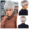 Short Gray Human Hair Wigs for Women with Bangs Layered Pixie Cut Wig Straight Hair with Machine Made Wig Bazilian Remy Hair