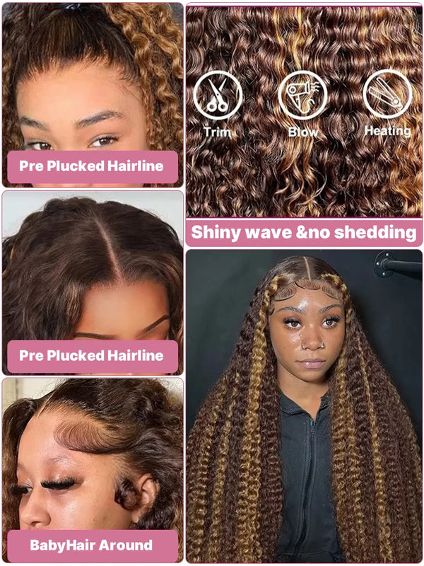 40 44 Inch Curly Highlight Wig Human Hair Deep Wave 13x6 HD Frontal Wig 4/27 Honey Blond 13x4 Water Wave Lace Front Wigs Raw Human Hair Wigs For Black Women 250% Pre Plucked Natural Hairline