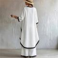 Women's Contrast Patchwork Two Piece Set Autumn O-neck Long Sleeve Irregular Extended Top + Wide Leg Pants Casual Matching Sets