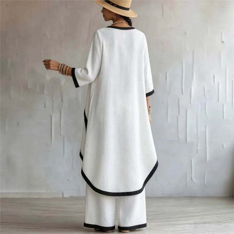 Women's Contrast Patchwork Two Piece Set Autumn O-neck Long Sleeve Irregular Extended Top + Wide Leg Pants Casual Matching Sets