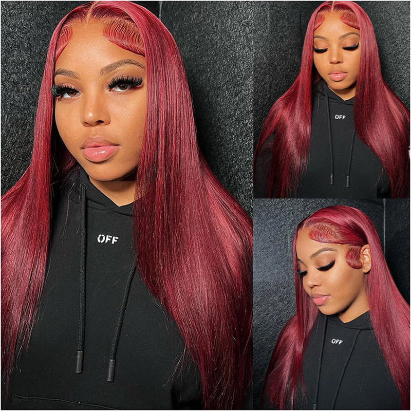30 40 Inch 99J Colored 13x6 Lace Front Human Hair Wig Straight Burgundy 13x4 HD Transparent Lace Frontal Wigs Red Wigs For Women