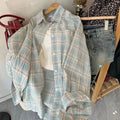 Harajuku Oversize Loose Plaid Shirts Female Lazy Style Long Sleeve Out Wear Casual Blouses Vintage All-match Students Shirt