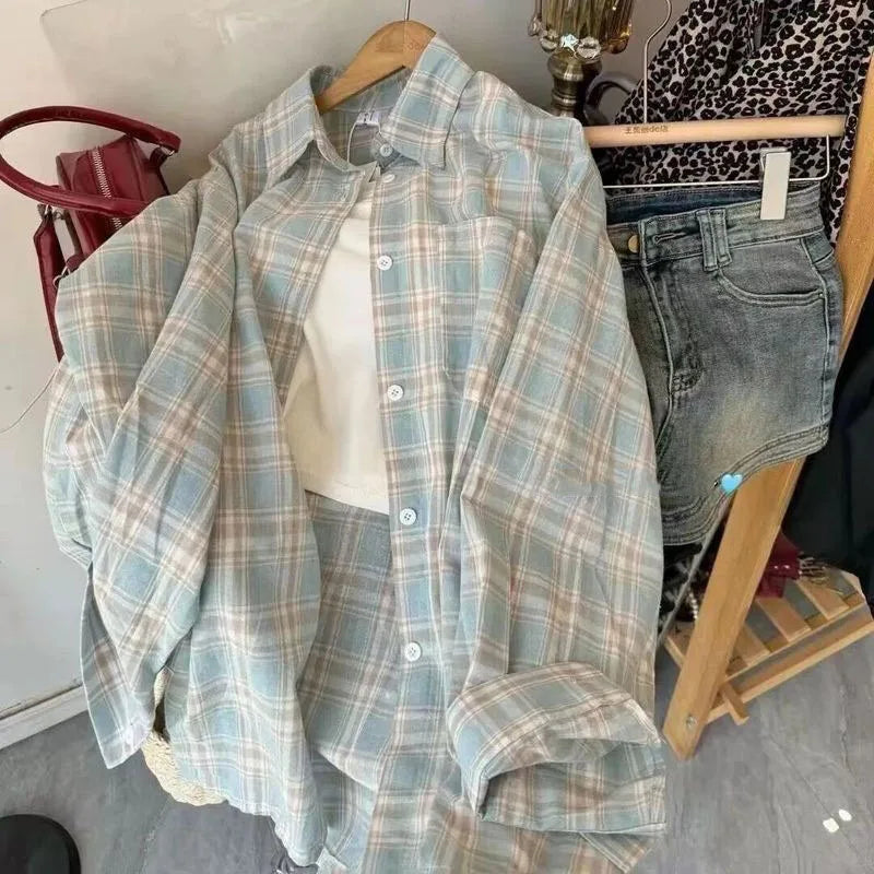 Harajuku Oversize Loose Plaid Shirts Female Lazy Style Long Sleeve Out Wear Casual Blouses Vintage All-match Students Shirt