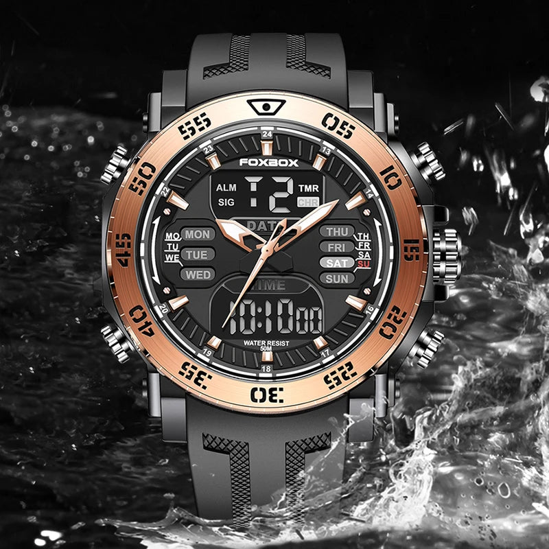 FOXBOX Fashion Outdoor Electronics Watches Male Luxury Casual Waterproof Luminous Alarm Auto Date Dual Digital Display Man Watch