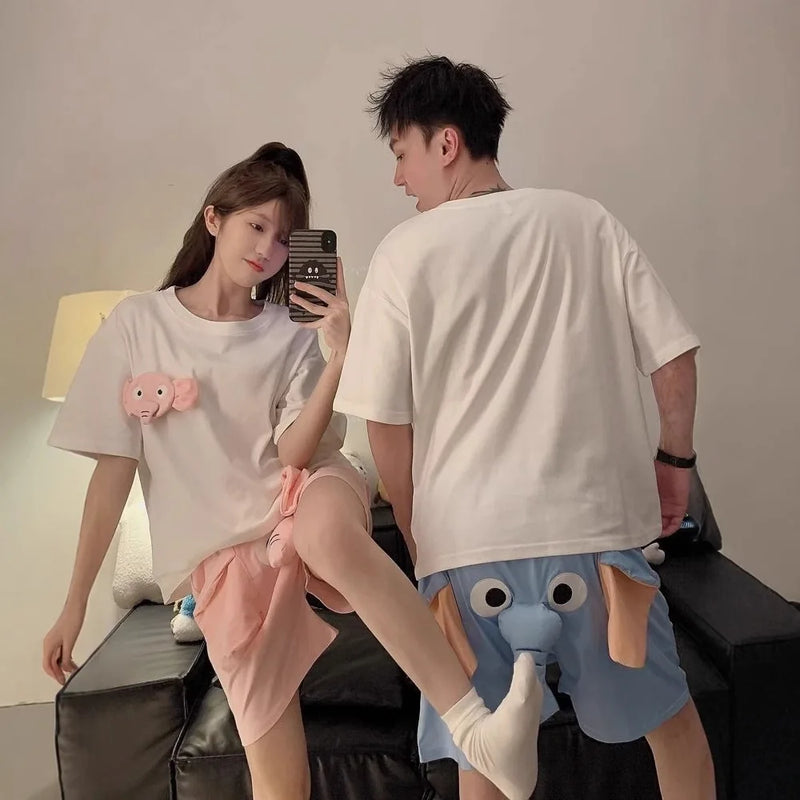 New Summer Couple Outfits Pajama Homewear Suit Men Wowen Squeaky Elephant Shorts Pant Boy Grils Loose Suit Leisure Pajamas Pants