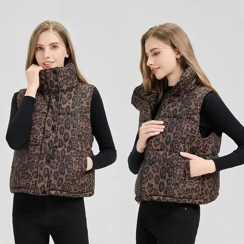 Leopard Women's Autumn Winter Sleeveless Parkas Jacket 2025 Woman Mandarin Collar Cotton Padded Vest Korean Style Waistcoat