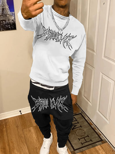 Autumn Trendy New Sweatshirt Sweatpants Set Men's Daily Loose Casual Fit Printed Hundred Long Sleeve 2 Pieces | SAMAG