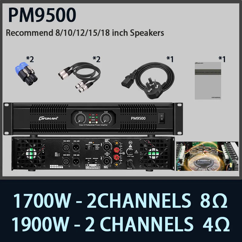 FUHAM PM9500 2-Channel 1700W Pure Power Amplifier Professional Audio Amp for DJ Stage Live Show Disco PA System