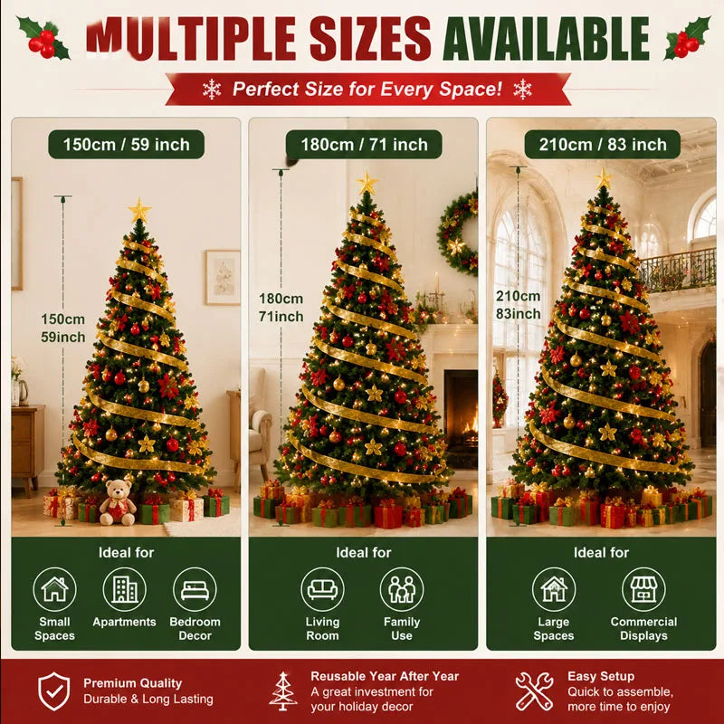Pre-Decorated Christmas Tree Red Baubles Golden Ribbons Poinsettia Flowers Easy Assembly Xmas Pine Tree for Home Holiday Decor