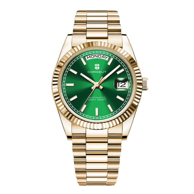 CORGEUT NH36 Mechanical Men's Watch Date of the Week Show President Chain Strap Steel Case Watch Threaded Arc Bezel Waterp
