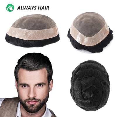 Alwayshair Fine Mono Men Short Toupee 5” Indian Hair Men’s Capillary Prosthesis Monofilament 120 130 Hair System 9x11