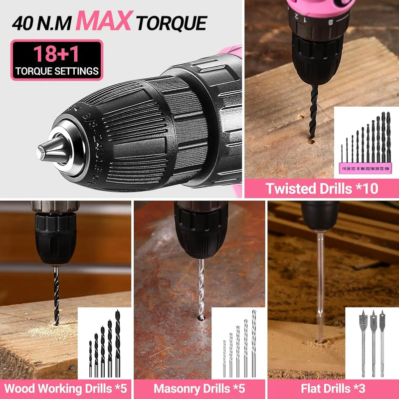 DEKO Pink Drill Tool Kit Set: 20V Cordless Power Box with Battery Electric Driver - View 5 | SAMAG