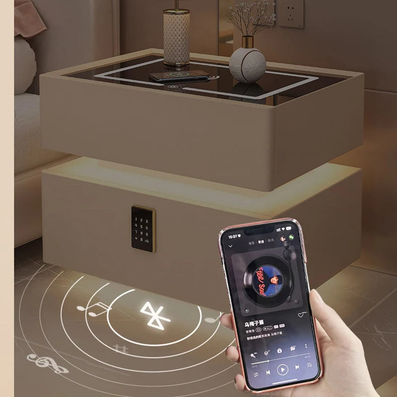 Modern Style Solid Wood Bedside Table with Wireless Charging Smart 2 Drawers Bedroom Nightstands with Lock 40/45/50cm