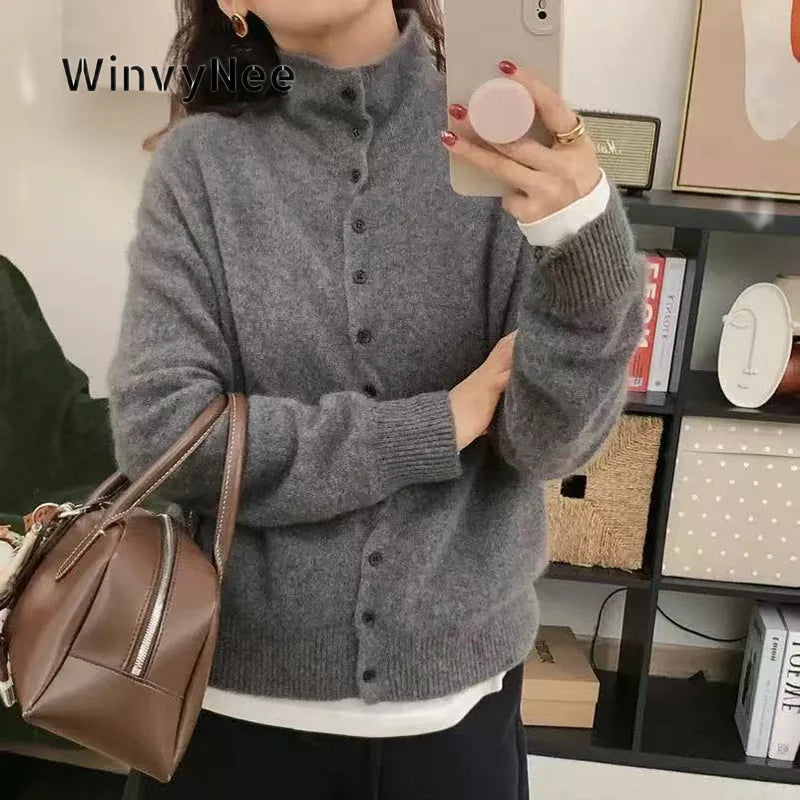 WinvyNee Women Solid Pure Wool Thin Knitted Cardigan - View 3 | SAMAG