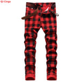 Men's Red Jeans with Checkered Print Details, Made | SAMAG