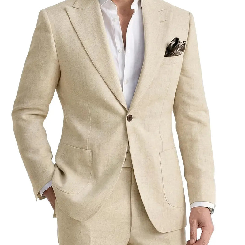 Men's 2 Pieces Linen Suits Casual Lightweight Summer Beach Groom Wedding Suit Linen Blazer Pants Set