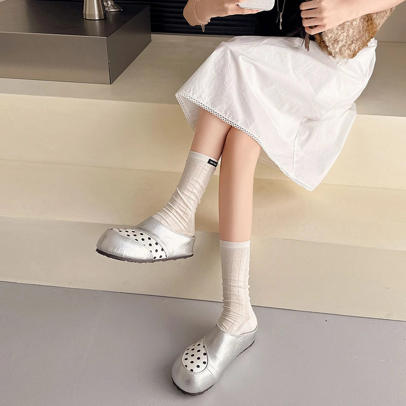 Women Retro Polka Dot Mule Clogs Ladies PU Round Toe Slip On Half Slippers Casual Outdoor Indoor Fashion Daily Wear Footwear