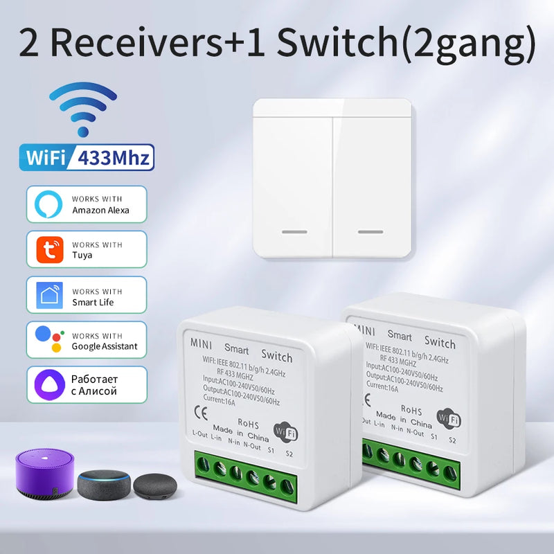 Tuya WiFi Smart Switch 433Mhz Relay Receiver Wireless 1/2/3 Gang 86 Wall Panel Switch APP Control Works with Alexa Google Home