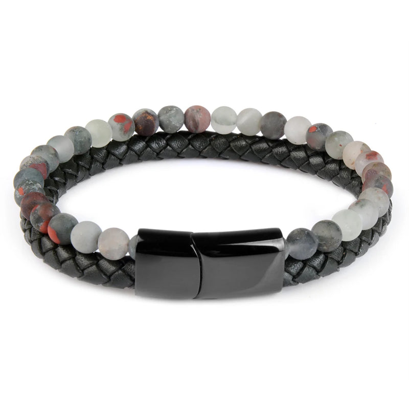 Natural Stone Bracelet Genuine Leather Braided Bracelets Black Stainless Steel Magnetic Clasp Tiger eye Bead Bangle Men Jewelry