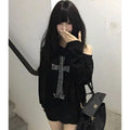 Seeslim Cross One-shoulder Graphic Hoodies Long Sleeve Black Women's Sweatshirts Harajuku Grunge 2000s Clothes Y2k Autumn Tops
