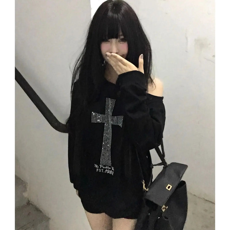 Seeslim Cross One-shoulder Graphic Hoodies Long Sleeve Black Women's Sweatshirts Harajuku Grunge 2000s Clothes Y2k Autumn Tops