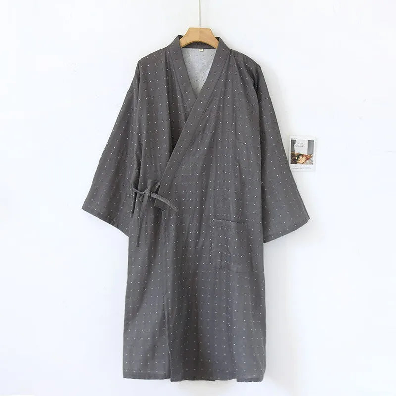 2026 New Men's 100% Cotton Gauze Bath Robes Loose Thin Japanese Kimono Pajamas for Men Casual Lace Up Bathrobes V-Neck Nightgown