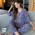 Cotton Sleepwear Big Size Cardigan Seven-minute Pants Two-piece Print Loungewear Pajama Sets Summer Nightwear Korean Fashion
