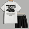 Men's Summer Coconut Tree Racing Printed Comfortable Breathable Round Neck T - shirt Drawstring Shorts Set Outdoor | SAMAG