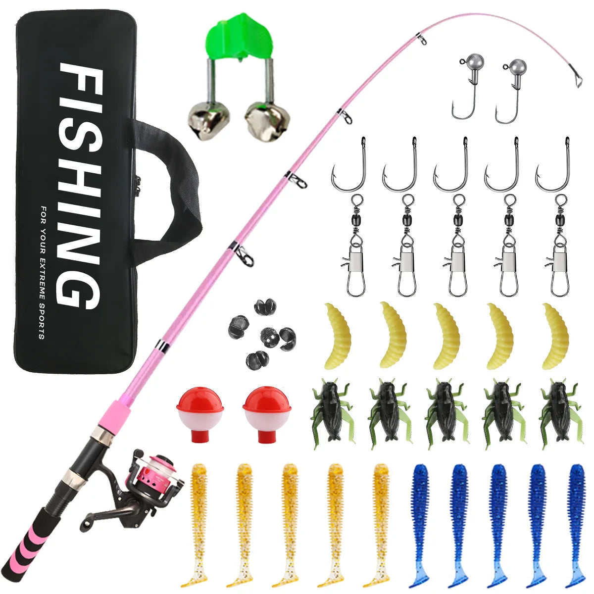 Kids Adult Beginner Fishing Rod Combo Set Saltwater Freshwater Kit with Spinning Rod Reel Carry Bag Anti Slip Handle Easy to Use