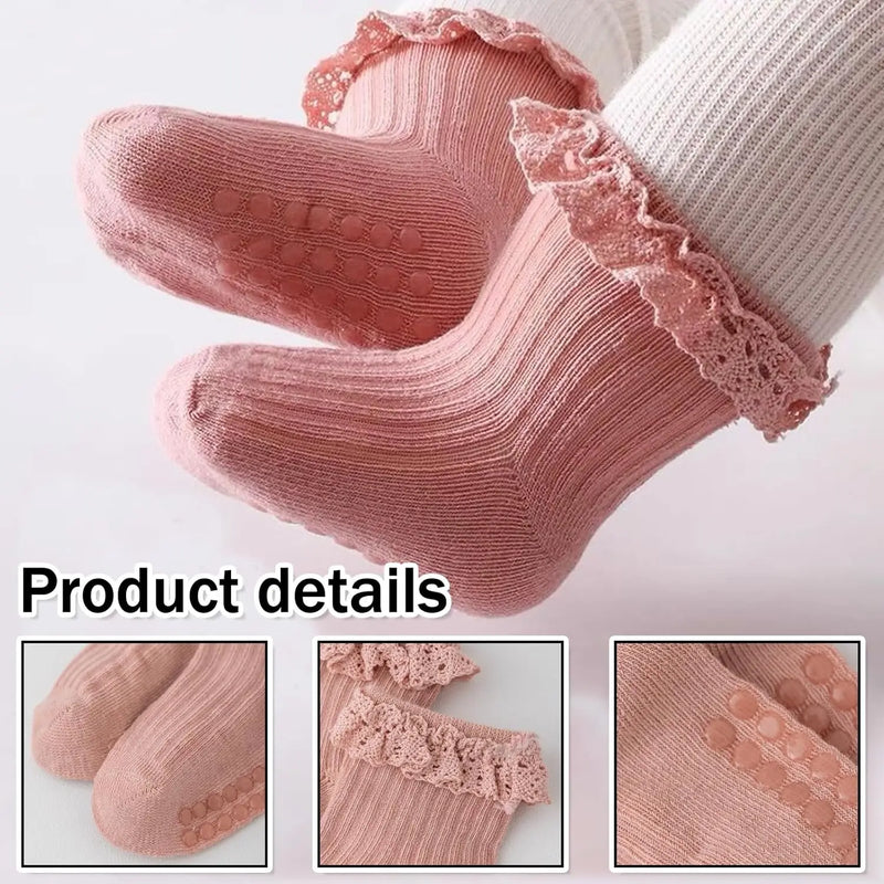 4 Pairs Princess Socks Set,Soft,Non-Slip Lace Ruffled & Plain Colors for Baby Toddlers 0-3 Years,Cute birthday Gift